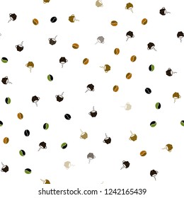 Dark Green, Yellow vector seamless pattern with coffee beans, cups. Glitter abstract backdrop with gradient mugs, coffee grains. Pattern for ads of breakfast, lunch, dinner.