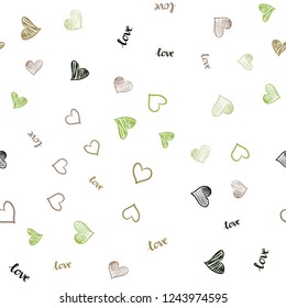 Dark Green, Yellow vector seamless background with words of love, hearts. Design in doodle style with text LOVE YOU, hearts. Pattern for trendy fabric, wallpapers.