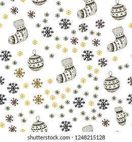 Dark Green, Yellow vector seamless background with xmas snowflakes, balls, socks, mittens. Glitter abstract illustration with gradient. Pattern for trendy fabric, wallpapers.