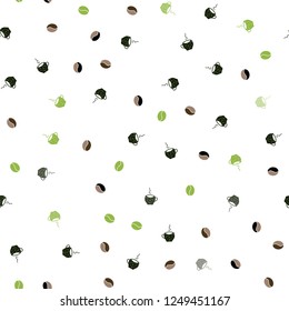 Dark Green, Yellow vector seamless texture with coffee beans, mugs. Gradient abstract collection of coffee cups and beans. Doodle design for your business advert of cafes.
