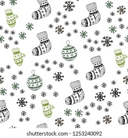 Dark Green, Yellow vector seamless pattern with christmas snowflakes, balls, socks, mittens. Colorful xmas elements with gradient. Pattern for trendy fabric, wallpapers.