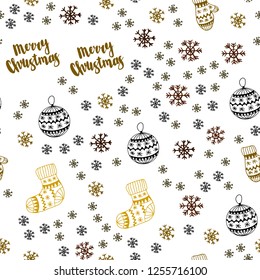 Dark Green, Yellow vector seamless layout with bright snowflakes, balls, socks, mittens. Colorful xmas elements with gradient. Template for business cards, websites.