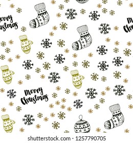Dark Green, Yellow vector seamless layout with bright snowflakes, balls, socks, mittens. Colorful illustration with xmas symbols. Design for wallpaper, fabric makers.