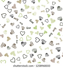 Dark Green, Yellow vector seamless cover with quote LOVE YOU, hearts. Design in doodle style with text LOVE YOU, hearts. Texture for window blinds, curtains.