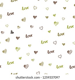 Dark Green, Yellow vector seamless pattern with phrase LOVE YOU, hearts. Illustration with words of love, hearts in abstract style. Pattern for design of fabric, wallpapers.
