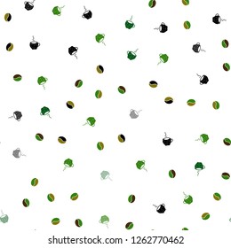 Dark Green, Yellow vector seamless cover with set of coffee beans. Gradient illustration with coffee beans, tea cups. Design for ad, poster, banner of cafes, restaurants.