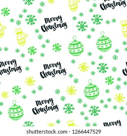 Dark Green, Yellow vector seamless cover with beautiful snowflakes, balls, socks, mittens. Colorful xmas elements with gradient. Pattern for design of fabric, wallpapers.