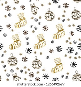 Dark Green, Yellow vector seamless pattern with christmas snowflakes, balls, socks, mittens. Colorful decorative design in xmas style. Pattern for trendy fabric, wallpapers.