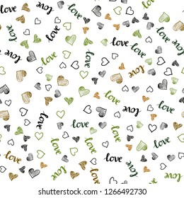Dark Green, Yellow vector seamless texture with words LOVE YOU, hearts. Illustration with words of love, hearts in abstract style. Design for textile, fabric, wallpapers.