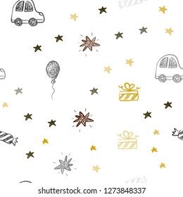 Dark Green, Yellow vector seamless texture in birthday style. Illustration with a colorful toy car, baloon, candy, star, ball. Design for holiday adverts.