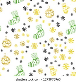 Dark Green, Yellow vector seamless template with ice snowflakes, balls, socks, mittens. Colorful decorative design in xmas style. Template for business cards, websites.