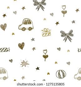 Dark Green, Yellow vector seamless backdrop with holiday gifts. Illustration with a gradient toy car, heart, baloon, tulip, candy, ball. Template for new year postcards.