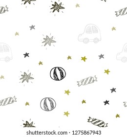 Dark Green, Yellow vector seamless pattern in christmas style. Design in xmas style with a toy car, baloon, candy, star, ball. Pattern for carnival, festival ads.