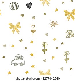 Dark Green, Yellow vector seamless layout with new year gifts. Illustration with a gradient toy car, heart, baloon, tulip, candy, ball. Pattern for new year ads.