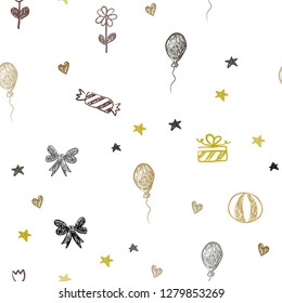 Dark Green, Yellow vector seamless backdrop in holiday style. Design in xmas style with aheart, baloon, candy, gift, star, ribbon. Template for new year postcards.