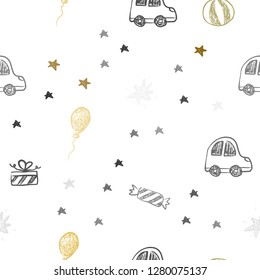Dark Green, Yellow vector seamless pattern in christmas style. Illustration with a colorful toy car, baloon, candy, star, ball. Design for holiday adverts.
