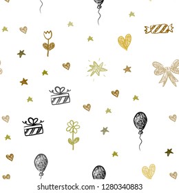 Dark Green, Yellow vector seamless backdrop with holiday gifts. Illustration with a colorful toy car, heart, baloon, tulip, candy, ball. Template for new year postcards.