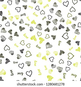 Dark Green, Yellow vector seamless texture with words LOVE YOU, hearts. Design in doodle style with text LOVE YOU, hearts. Design for textile, fabric, wallpapers.
