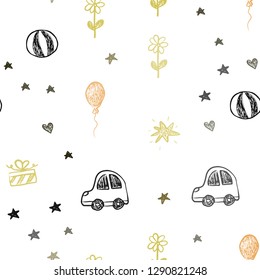 Dark Green, Yellow vector seamless backdrop with holiday gifts. Colorful illustration with a toy car, heart, baloon, tulip, candy, ball. Pattern for birthday gifts.