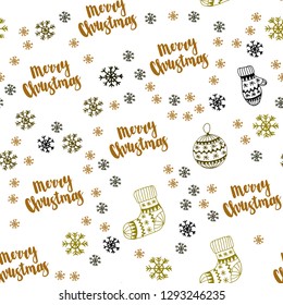 Dark Green, Yellow vector seamless layout with bright snowflakes, balls, socks, mittens. Colorful illustration with xmas symbols. Texture for window blinds, curtains.