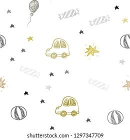 Dark Green, Yellow vector seamless pattern in christmas style. Colorful illustration with a toy car, baloon, candy, star, ball. Pattern for birthday gifts.