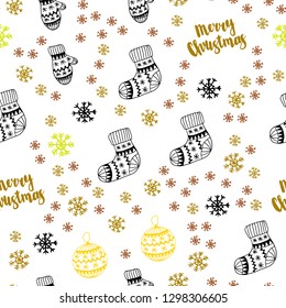 Dark Green, Yellow vector seamless cover with beautiful snowflakes, balls, socks, mittens. Shining colorful illustration in christmas style. Design for wallpaper, fabric makers.