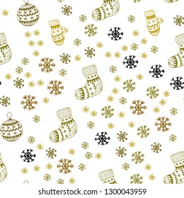 Dark Green, Yellow vector seamless template with ice snowflakes, balls, socks, mittens. Colorful illustration with xmas symbols. Texture for window blinds, curtains.