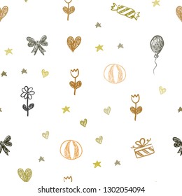 Dark Green, Yellow vector seamless backdrop in holiday style. Shining illustration with aheart, baloon, candy, gift, star, ribbon. Design for colorful commercials.