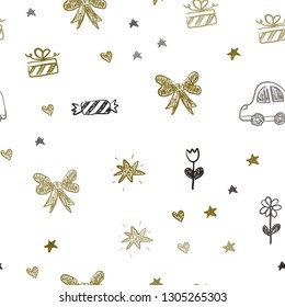 Dark Green, Yellow vector seamless layout with new year gifts. Illustration with a colorful toy car, heart, baloon, tulip, candy, ball. Design for holiday adverts.