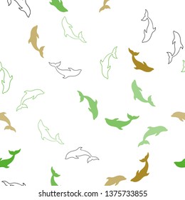 Dark Green, Yellow vector seamless background with dolphins. Decorative design in natural style with sea dolphins. Pattern for wildlife ad, booklets.