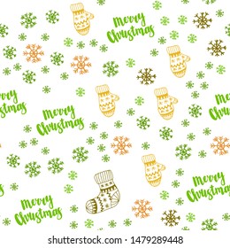 Dark Green, Yellow vector seamless pattern with christmas snowflakes, balls, socks, mittens. Glitter abstract illustration with gradient. Template for business cards, websites.