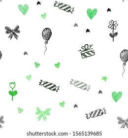 Dark Green, Yellow vector seamless texture in birthday style. Abstract illustration with aheart, baloon, candy, gift, star, ribbon. Template for new year postcards.