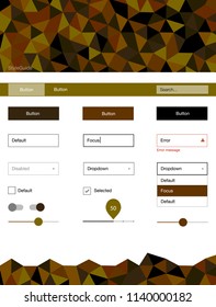 Dark Green, Yellow vector style guide with triangles. Colorful ui/ux kit with header consisted of triangles. Beautiful layout for websites, landing pages.