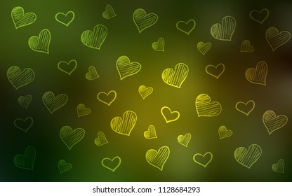 Dark Green, Yellow vector template with doodle hearts. Hearts on blurred abstract background with colorful gradient. Beautiful design for your business advert of anniversary.