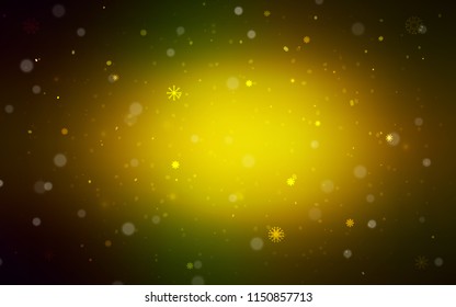 Dark Green, Yellow vector template with ice snowflakes. Blurred decorative design in xmas style with snow. New year design for your ad, poster, banner.