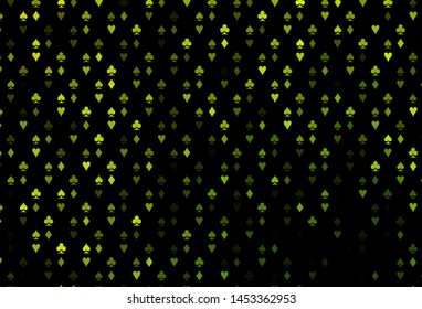 Dark Green, Yellow vector template with poker symbols. Illustration with set of hearts, spades, clubs, diamonds. Template for business cards of casinos.