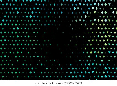 Plantilla vectorial verde oscuro, amarillo con símbolos de póquer. Gradiente colorido con signos de corazones, espadas, palos, diamantes. Diseño de anuncios, afiches, banner de sitios web de apuestas.