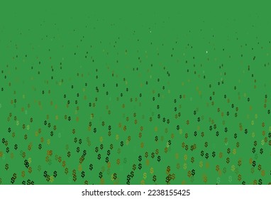 Green oscuro, plantilla de vector amarillo con dólar. Símbolos coloreados de todas las divisas sobre fondo blanco. El patrón se puede usar para sitios web de inversión financiera.