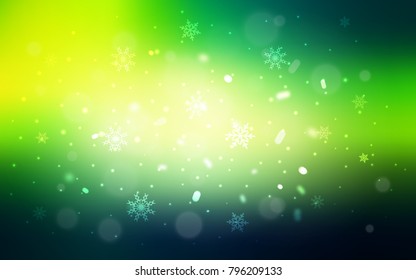 Dark Green, Yellow vector template with ice snowflakes. Blurred decorative design in xmas style with snow. New year design for your ad, poster, banner.