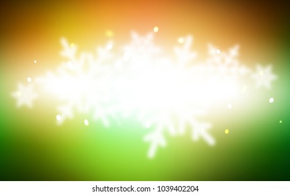 Dark Green, Yellow vector texture with colored snowflakes. Snow on blurred abstract background with gradient. The template can be used as a new year background.