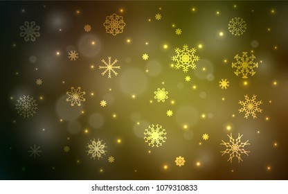 Dark Green, Yellow vector texture with colored snowflakes. Blurred decorative design in xmas style with snow. The pattern can be used for year new  websites.