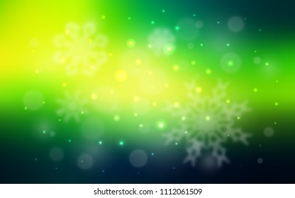 Dark Green, Yellow vector texture with colored snowflakes. Decorative shining illustration with snow on abstract template. New year design for your ad, poster, banner.