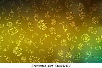 Dark Green, Yellow vector texture with delicious snacks. Illustration with set of fresh food in doodle style. Design for ad, poster, banner of cafes or restaurants.