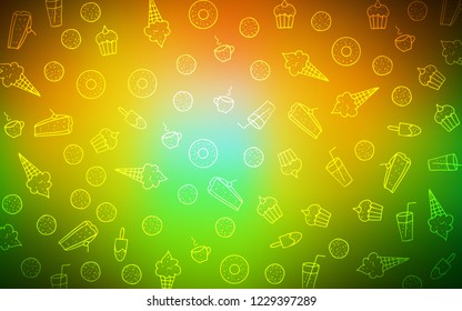 Dark Green, Yellow vector texture with sweets, candies. Confections on blurred abstract background with colorful gradient. Pattern for menu of cafes and restaurants.