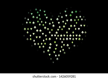 Dark Green, Yellow vector texture with playing cards. Illustration with set of hearts, spades, clubs, diamonds. Design for ad, poster, banner of gambling websites.