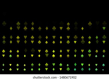 Dark Green, Yellow vector texture with playing cards. Shining illustration with hearts, spades, clubs, diamonds. Pattern for booklets, leaflets of gambling houses.