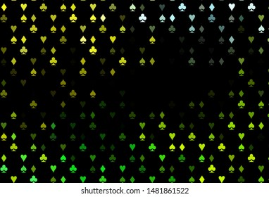 Dark Green, Yellow vector texture with playing cards. Colorful gradient with signs of hearts, spades, clubs, diamonds. Pattern for booklets, leaflets of gambling houses.