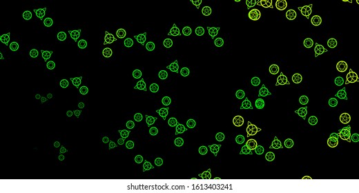 Dark Green, Yellow vector texture with religion symbols. Illustration with magical signs of spiritual power. Background for esoteric, mystic designs.
