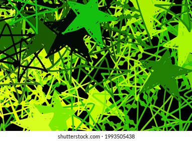 Verde oscuro, textura vectorial amarilla con copos de nieve de colores, estrellas. Ilustración colorida brillante con formas de nieve gradiente. Diseño de afiches y pancartas de Año Nuevo.