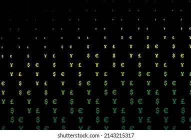 Dark green, yellow vector texture with financial symbols. Abstract illustration with colored financial digital symbols. The pattern can be used for financial, investment websites.
